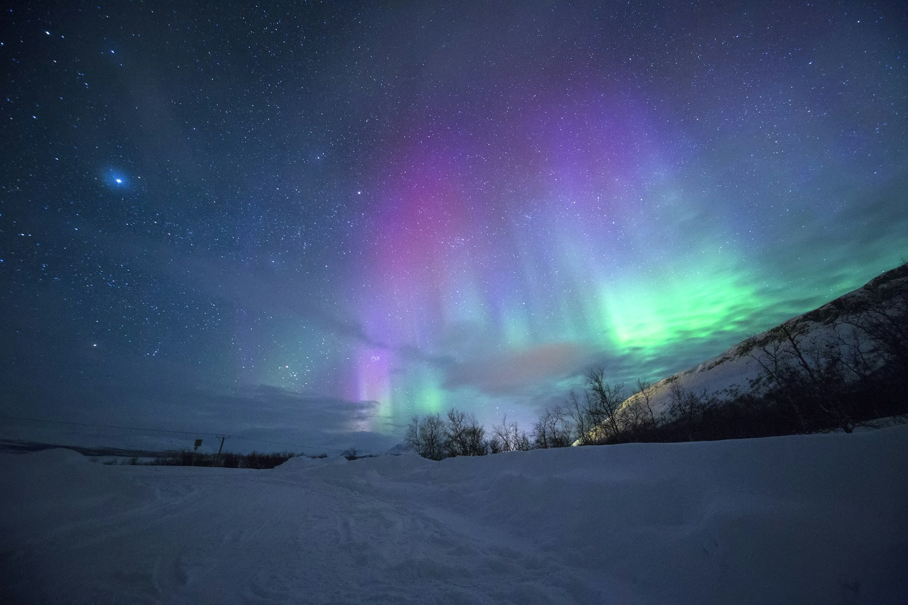 Aurora above snow-covered mountains in Northern Norway