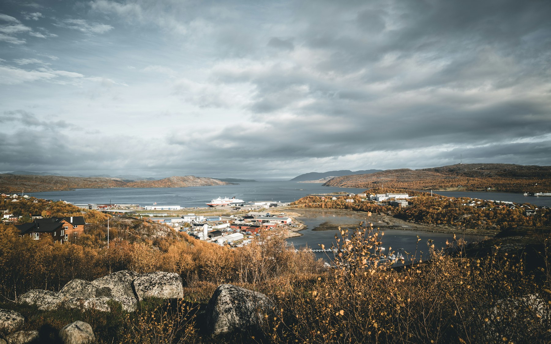 Dramatic sky above a northern Norwegian coastal settlement